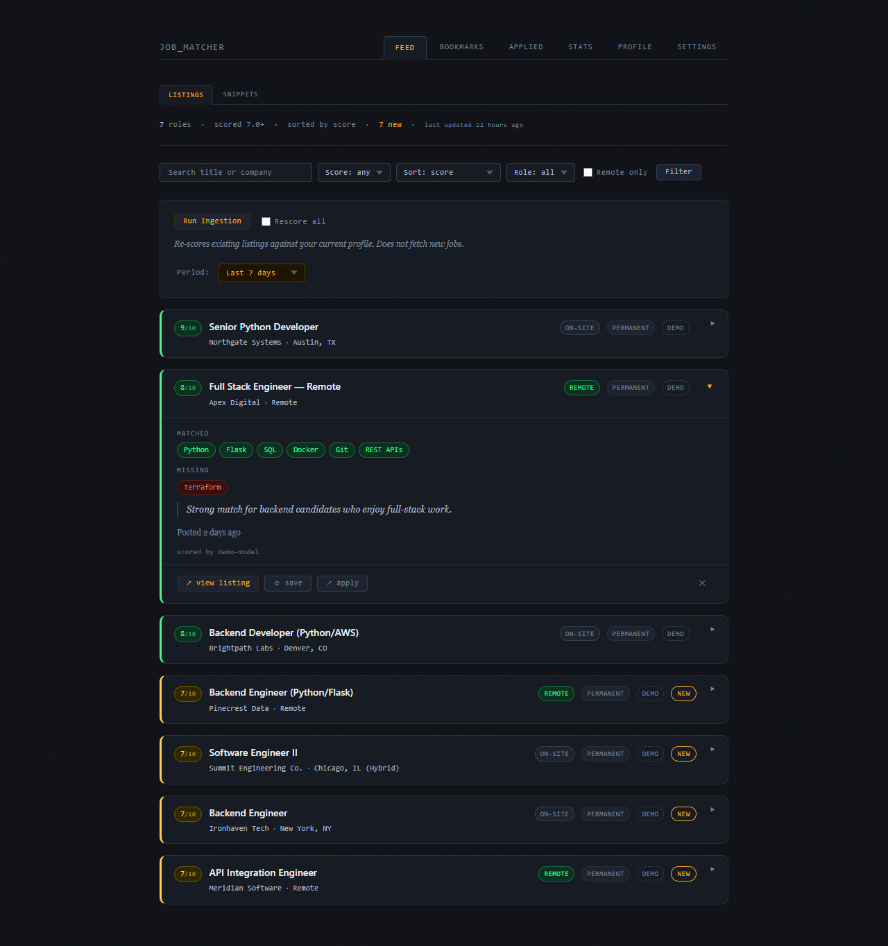 An expanded job listing card showing a score of 8 out of 10, green matched-skill chips for Python, Flask, SQL, REST APIs, and Docker, red missing-skill chips for Kubernetes and Terraform, a concerns section, and a plain-English verdict.