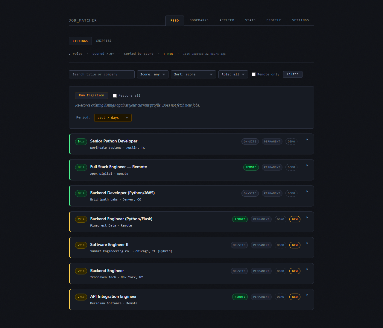 Job Matcher feed showing a ranked list of job listings with green high-score, amber mid-score, and red low-score tier indicators