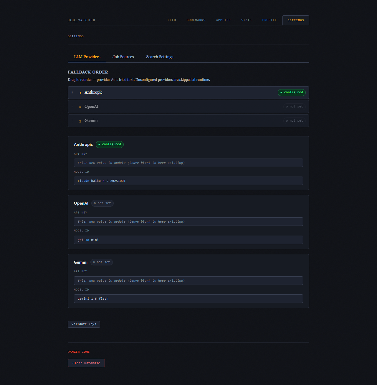 Job Matcher settings page showing the LLM providers tab with Anthropic and OpenAI listed, each showing a green valid badge and masked API keys. The job sources tab is visible in the tab bar.